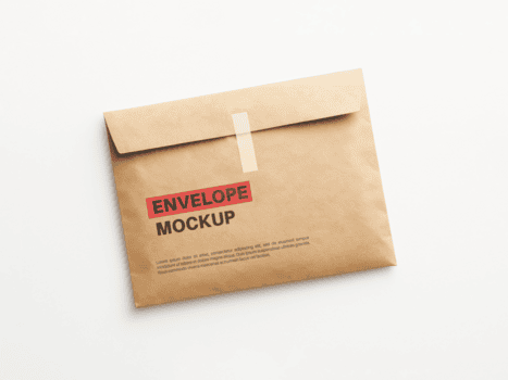 un' semplice kraft carta Busta modello con un' vuoto modello su un' pianura bianca sfondo psd
