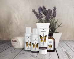 cosmético productos con lavanda y Junco difusor en un de madera superficie psd