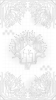 A circuit board with a house and trees. Abstract Digital Technology Background Modern Gray and White Design. vector