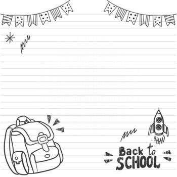 espalda a colegio cuaderno papel modelo con colegio bolso y cohete vector
