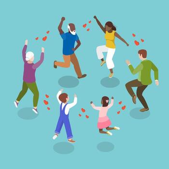 3D Isometric Flat Illustration of Having Fun Together, Three Generations Of Family Jumping And Laughing Joyfully vector