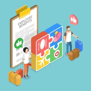 3D Isometric Flat Illustration of Employee Benefits Package, Implementing Essential Workplace Perks For Employees vector