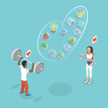 3D Isometric Flat Illustration of Healthy Lifestyle, Balanced Diet And Regular Exercises vector