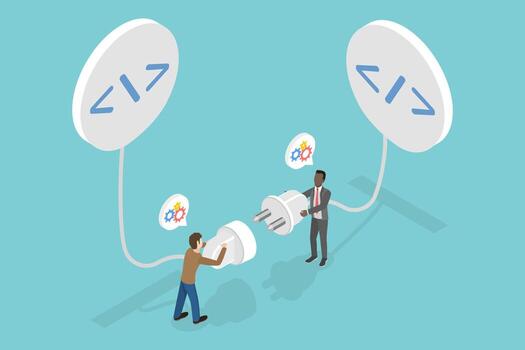 3D Isometric Flat Illustration of Application Programming Interface , Programmer Establishes Connection Between Coding Programs vector