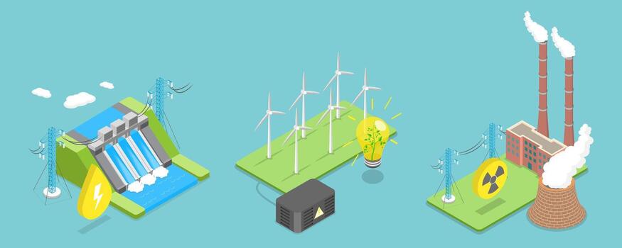 3D Isometric Flat Illustration of Sustainable Energy Source, Alternative Resources vector