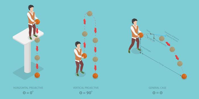 3D Isometric Flat Illustration of Projectile Motion, Physics Science Education vector