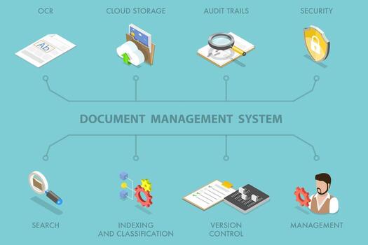 3D Isometric Flat Illustration of Document Management System Banner, File Manager, Data Storage vector