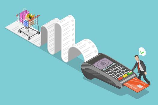 3D Isometric Flat Illustration of Grocery Contactless payment, POS Terminal with NFC Technology vector