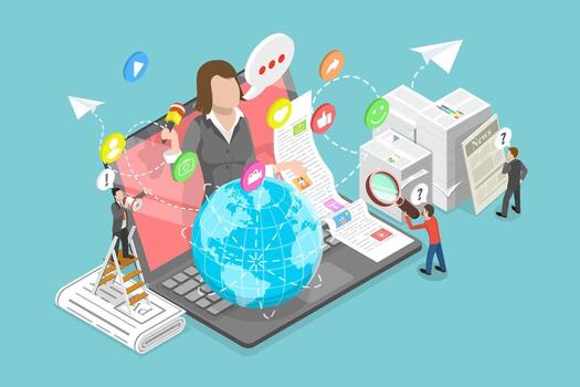 3D Isometric Flat Illustration of Social Media, Real Time Broadcast vector