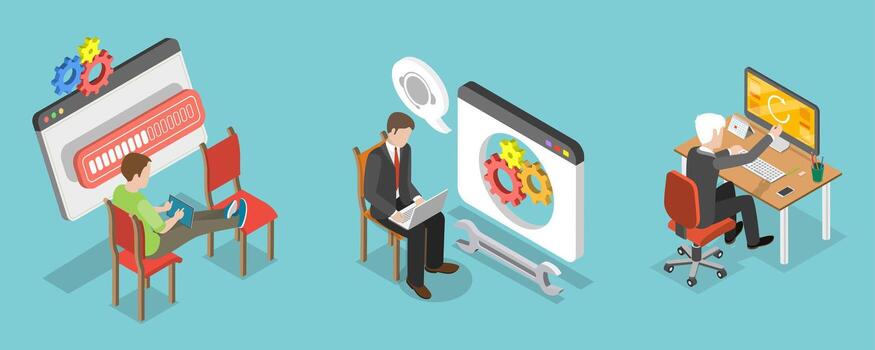 3D Isometric Flat Illustration of Software Update , System Maintenance vector