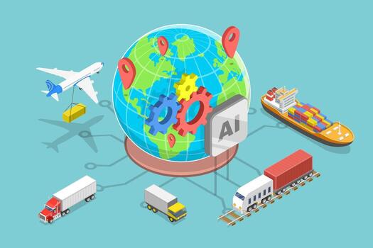 3D Isometric Flat Illustration of Supply Chain Management, AI-Optimizing and New Technologies vector