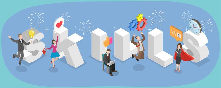 3D Isometric Flat Illustration of Skills Banner, Essential Knowledge And Understanding For Successful Operations In Business vector