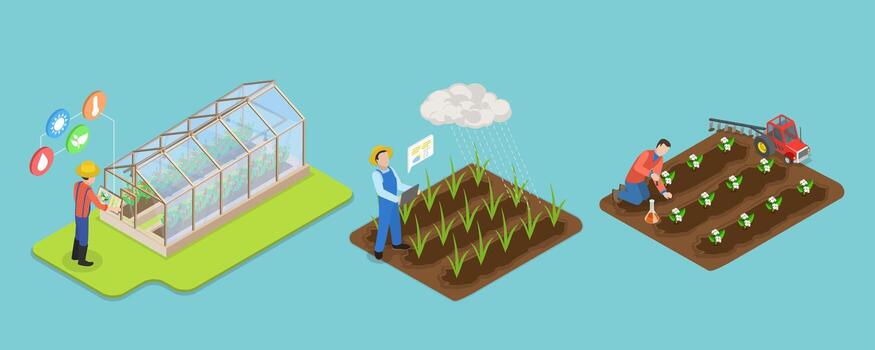3d isométrica plano ilustración de inteligente agricultura tecnologías, precisión agricultura sensores vector