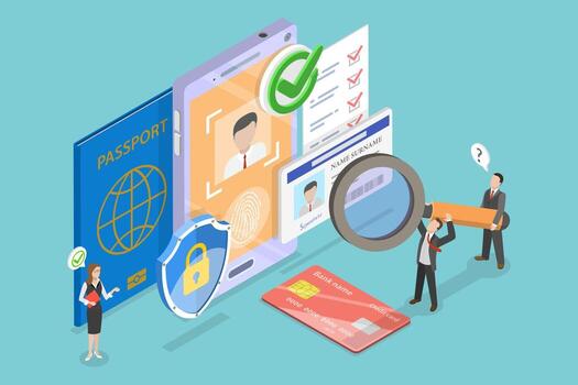 3D Isometric Flat Illustration of Know Your Customer, Identifying Clients For Security And Finance Safety Through KYC vector