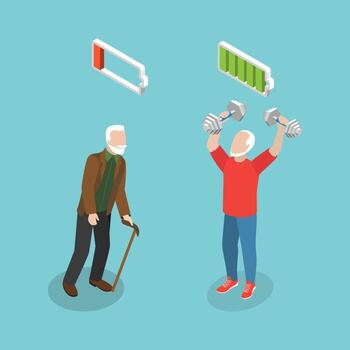 3D Isometric Flat Illustration of Active And Inactive Person in Old Age, Happy and Healthy Aging vector