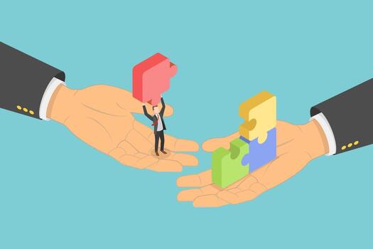3D Isometric Flat Illustration of Challenging Problem Solve , Achieving Business Success Through Decision Making, And Creativity vector