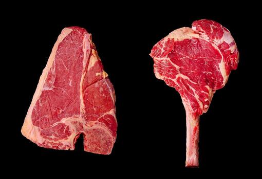 Different cuts of beef displayed on a black background for culinary comparison photo
