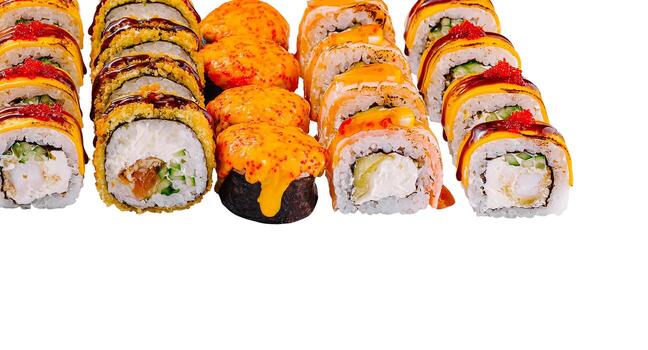 Different sushi rolls covered with sesame seeds and spicy sauce standing in a row on white background photo