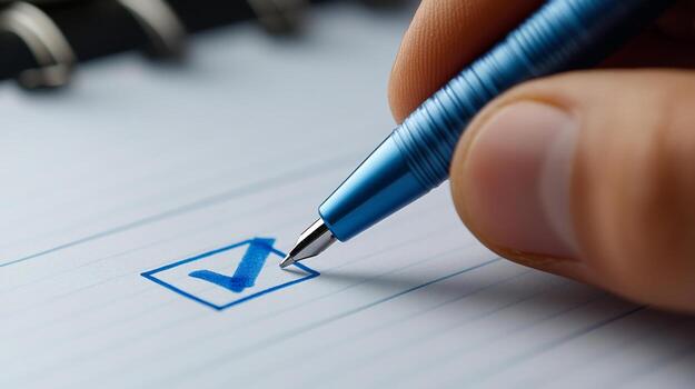 Hand completing a checklist with a pen. A hand is marking a checkbox with a blue pen on lined paper, indicating a completed task or list item. photo