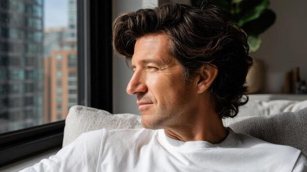 A man with curly hair sitting on a couch looking out the window photo