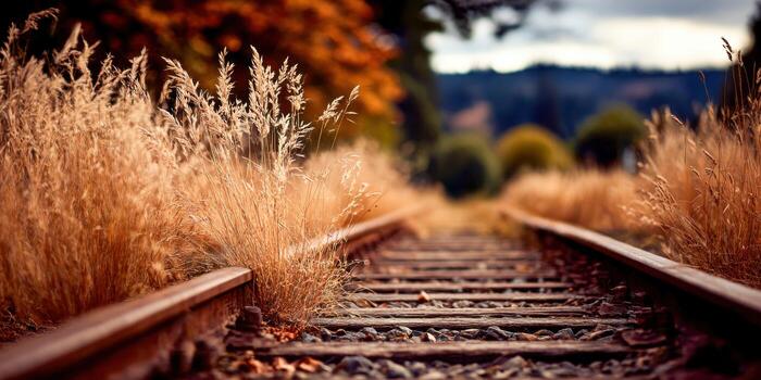 A railroad track with tall grass and trees photo