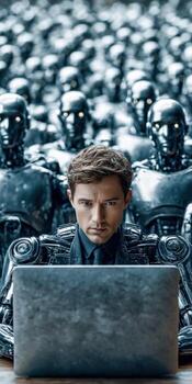 A man sitting in front of a laptop with a group of robots behind him photo