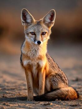 A fox sitting on the ground in the desert photo