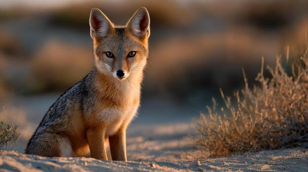 A fox sitting in the sand with its eyes wide open photo