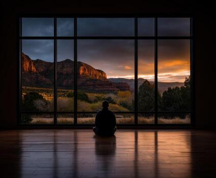 A man sitting in front of a large window looking out at a mountain range photo