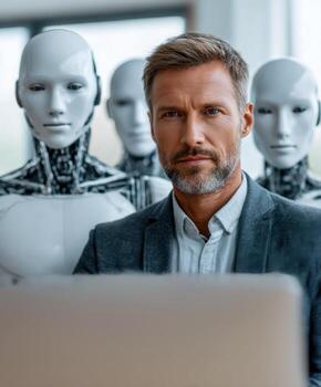 Man with laptop and robot in background photo