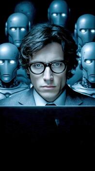 A man in glasses and a suit surrounded by robots photo