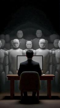 A man sitting at a desk with a group of robots behind him photo