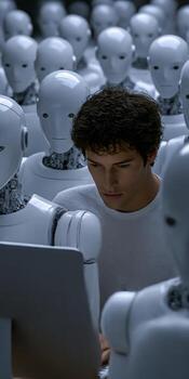 A man is surrounded by robots photo