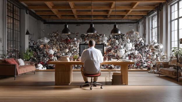 A man sitting at a desk in front of a large pile of stuffed animals photo