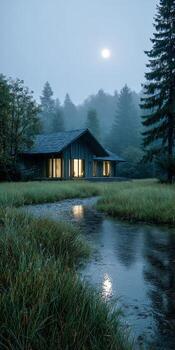 A house sits on a grassy field with water photo