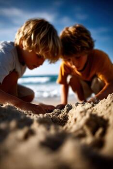 Two boys playing in the sand on the beach photo