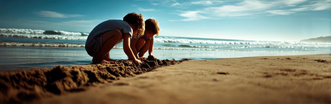 Two people are digging in the sand on the beach photo