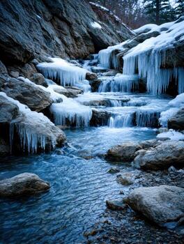 Ice covered rocks and water flowing through a mountain stream photo