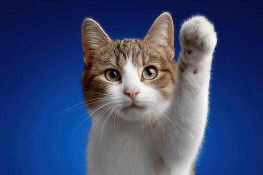 A cat is raising its paw up in the air photo