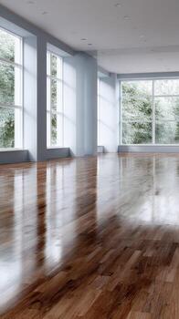 An empty room with hardwood floors and large windows photo