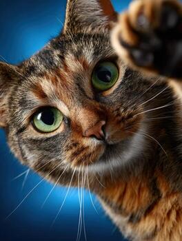 A cat is reaching up to the camera photo