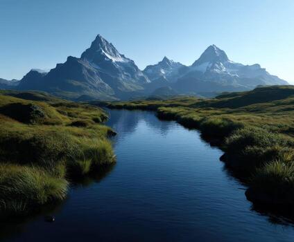 A river runs through a grassy field with mountains in the background photo