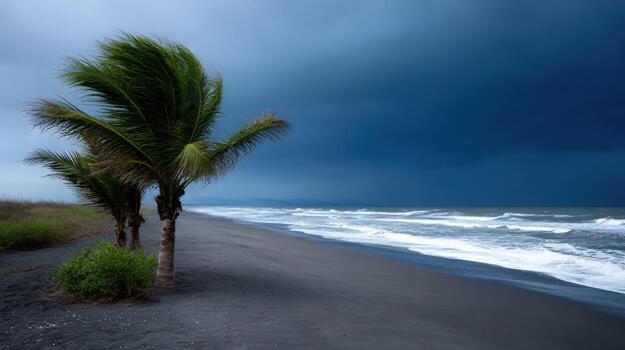 Two palm trees on a beach under a stormy sky photo