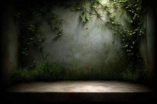 An empty room with a stone wall and plants growing on it photo