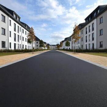 A street with a paved road in front of a row of buildings photo