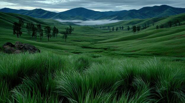 A green grassy field with mountains in the background photo
