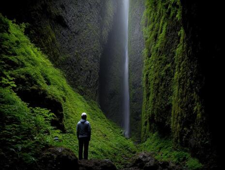 A person standing in the middle of a forest with a waterfall photo