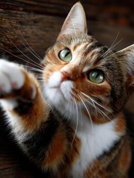 un gato alcanzando arriba a un persona foto