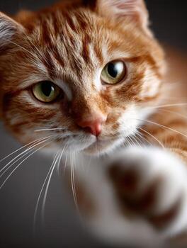 un cerca arriba de un gato alcanzando fuera a el cámara foto