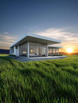 Modern house in the middle of a field at sunset photo